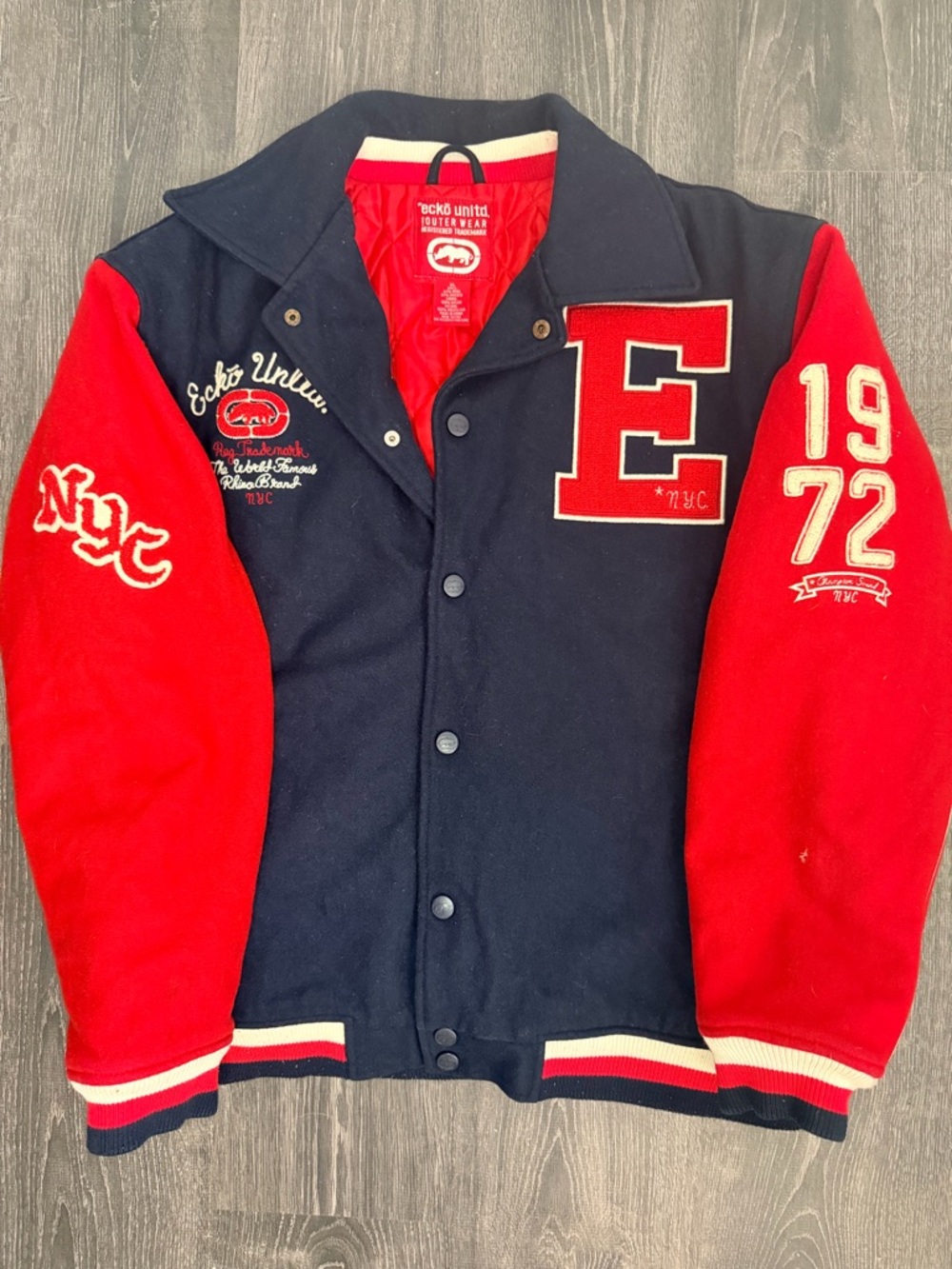 Ecko Unltd Varsity Jacket XL Red Black Wool NYC Letterman